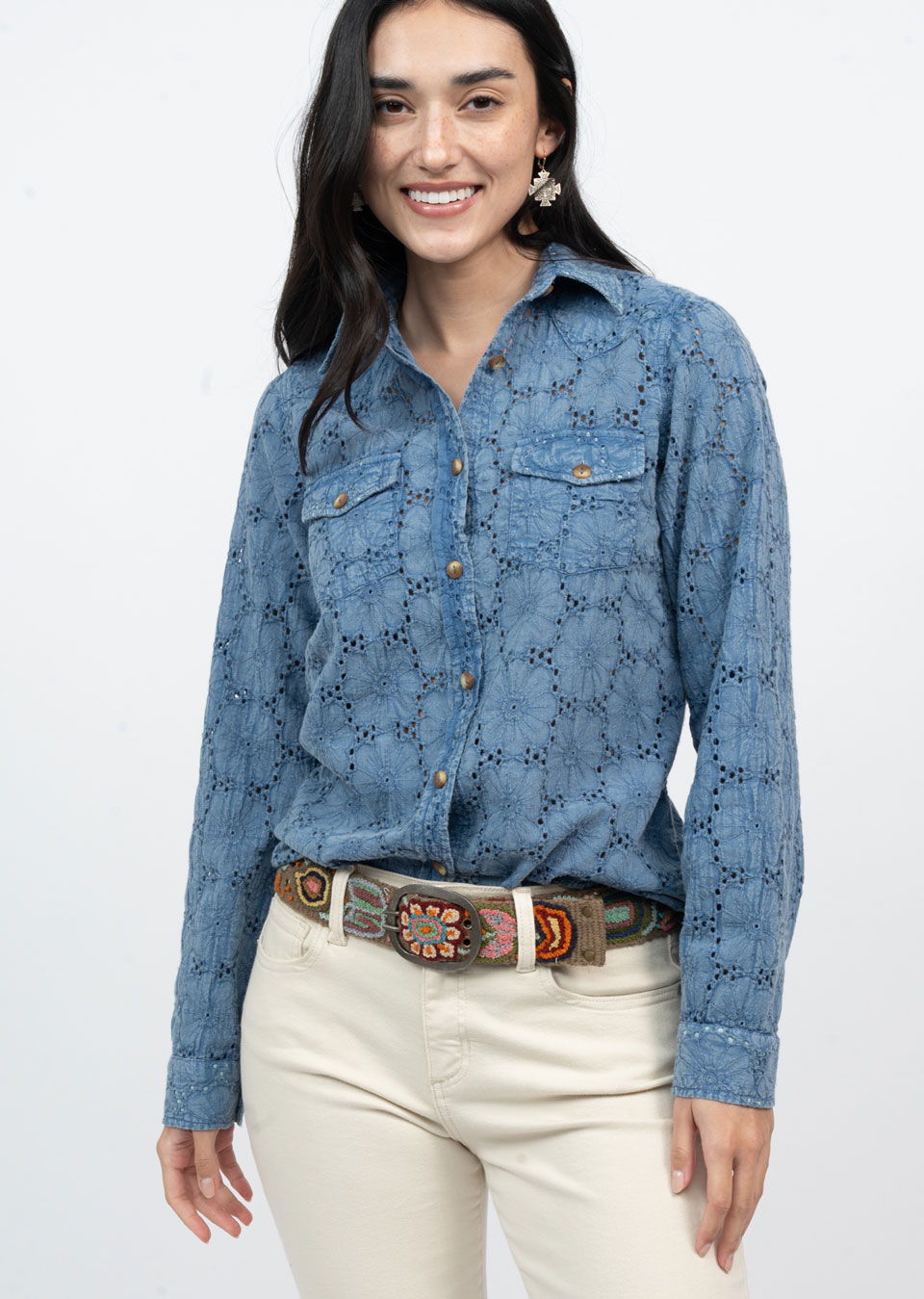 Eyelet Washed Snap Shirt Blue