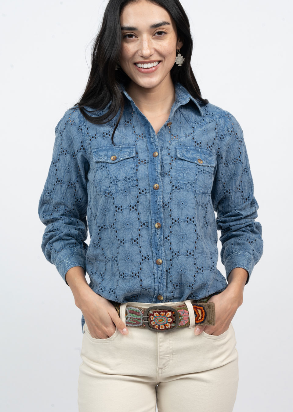 Eyelet Washed Snap Shirt Blue