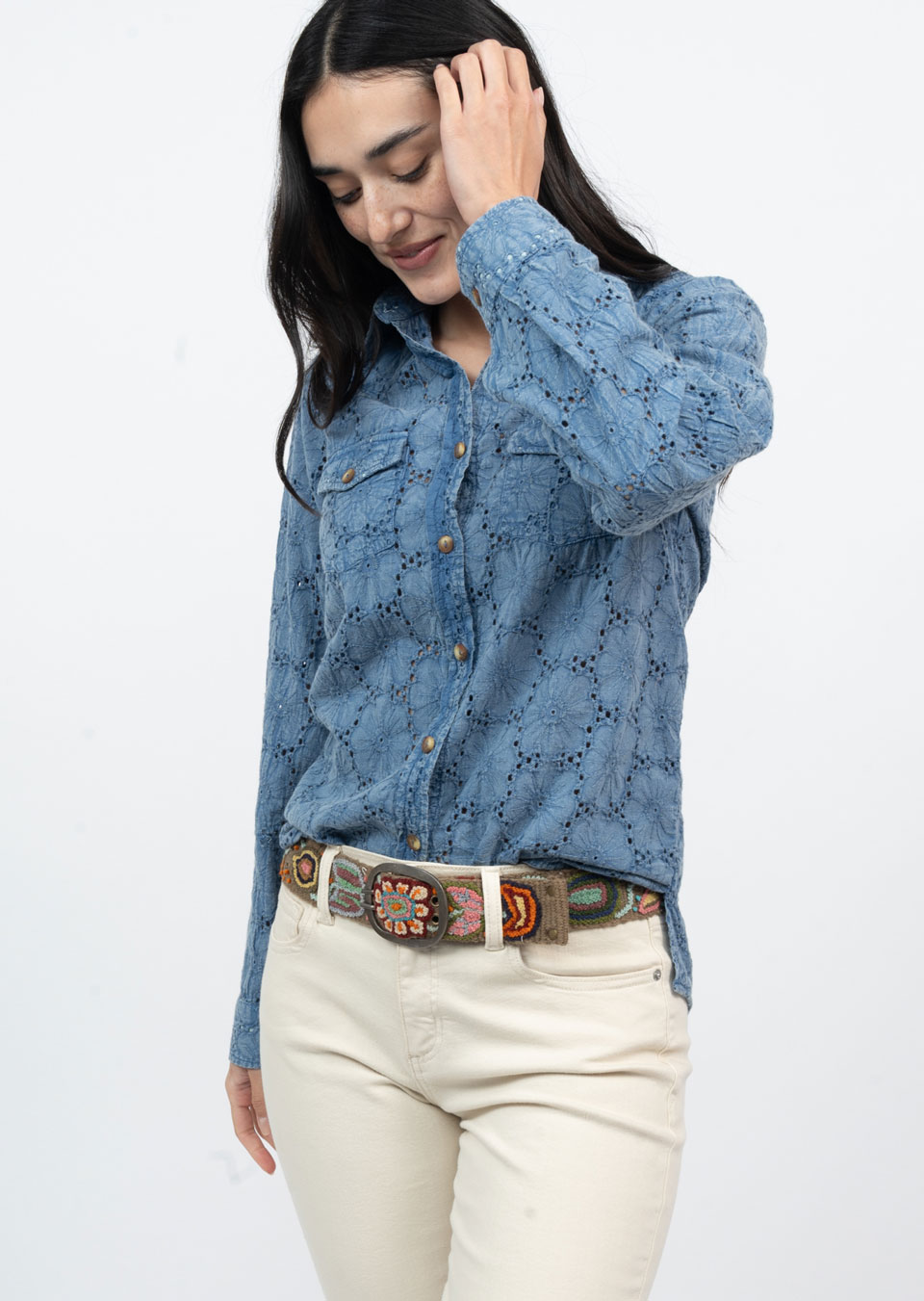 Eyelet Washed Snap Shirt Blue