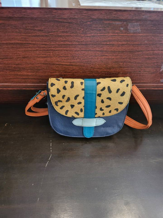 Upcycled blue & red animal print leather crossbody