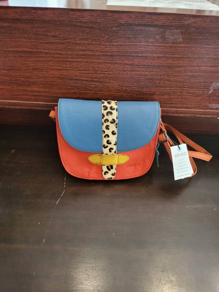 Upcycled blue & red animal print leather crossbody