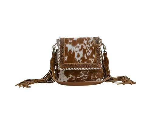 Myra Bag Trostip Hand Tooled Hairon Cowhide Fringe Bag